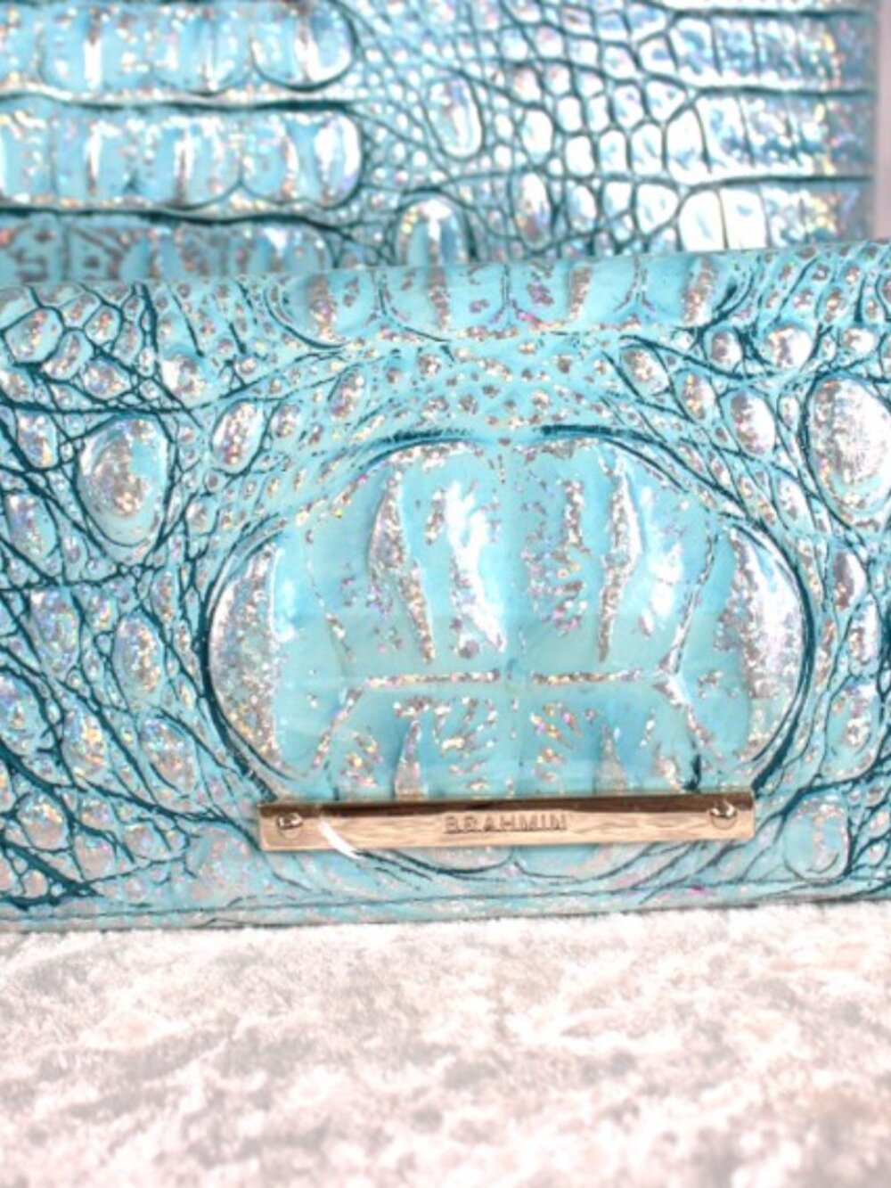 Brahmin Baby Blue Iridescent Croc Embossed Leather Satchel Wallet Set - Picture 13 of 15